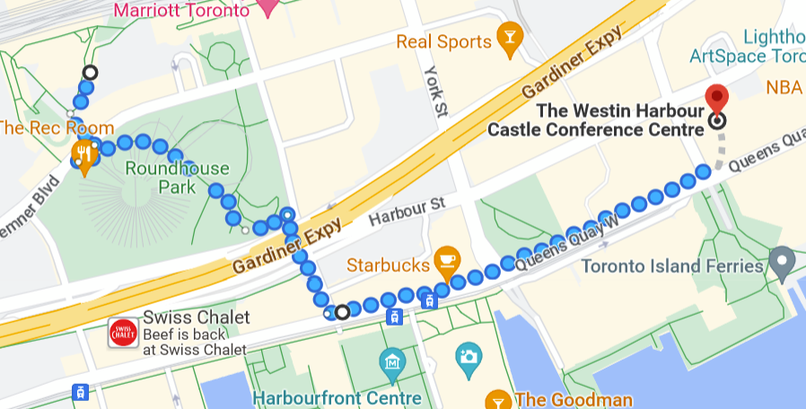 Walking map to CN Tower via Roundhouse Park